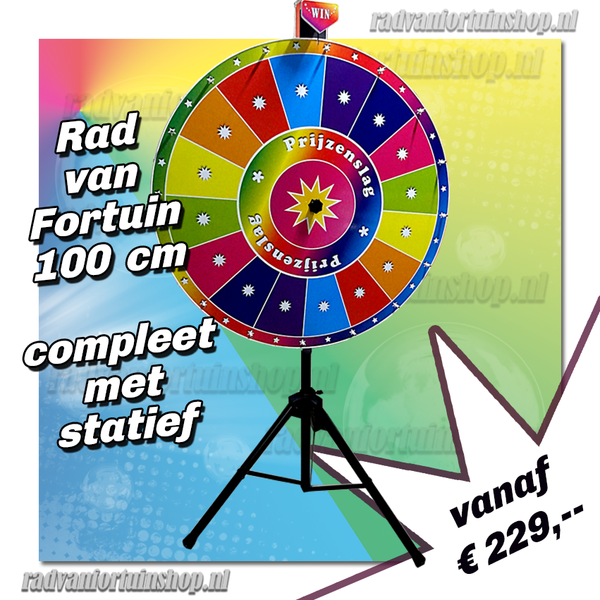 radvanfortuinshop.nl | Koop een rad van fortuin Basic met een diameter van 100 cm, standaard voorzien van een statief. Optioneel op bestelling ook leverbaar met sokkel of voetplaat i.p.v. statief